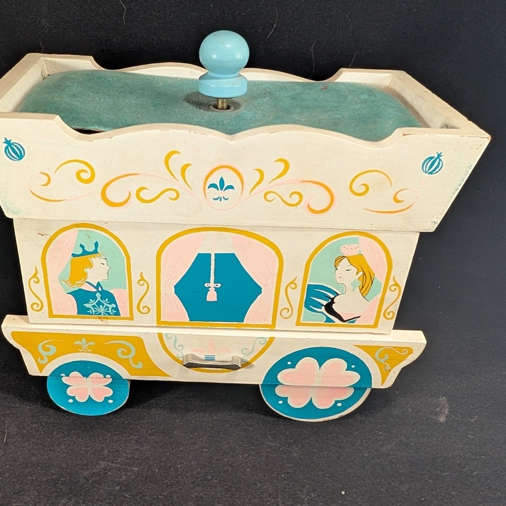 Vintage Wooden Princess Carriage Jewelry Box Red Velvet Lining Mid Century Decor